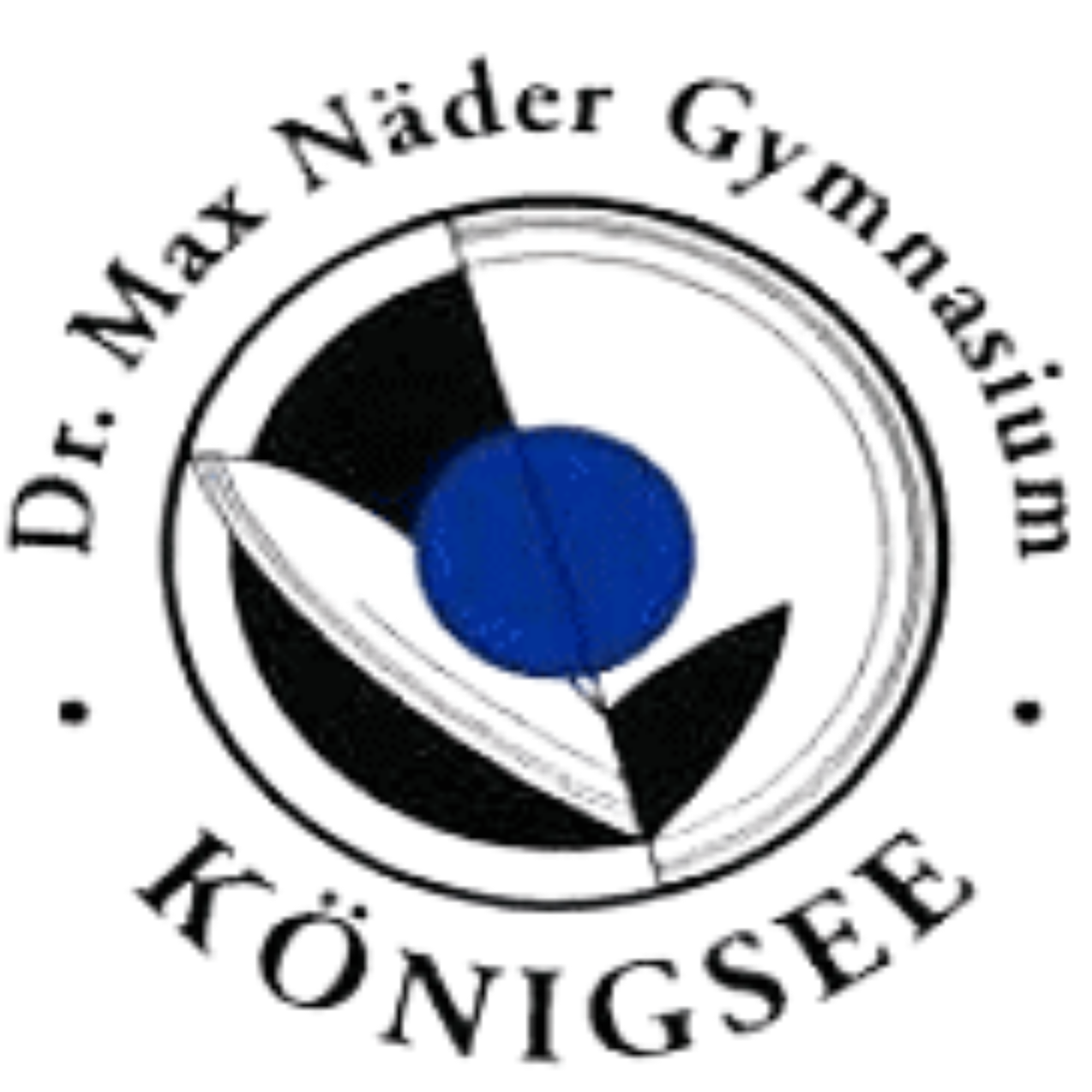 Schullogo des Dr. Max Näder Gymnasiums: blaue Knospe in kreisrunder schwarz-weißer Form